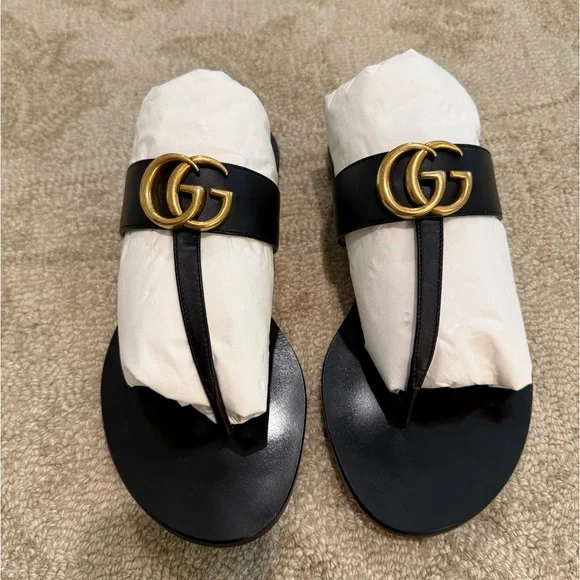 Black Gucci Flat Marmont Leather Thong Sandals Size 37 - Picture 12 of 13